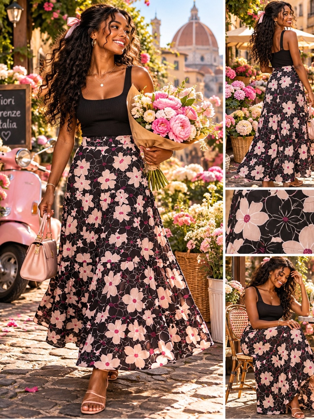 Who What Wear Black Maxi Skirt with Pink Floral Print
